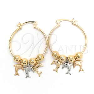 Gold Filled Hoop Earrings — Medium Hoop Dolphin Design Polished Tricolor 02.58. — main product view — SKU 148302 | Oro Laminado aretes de aro — Medium Hoop Dolphin diseño pulido Tricolor 02.58. — SKU 148302