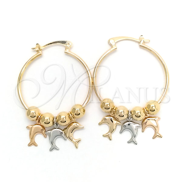 Gold Filled Hoop Earrings — Medium Hoop Dolphin Design Polished Tricolor 02.58. — main product view — SKU 148302 | Oro Laminado aretes de aro — Medium Hoop Dolphin diseño pulido Tricolor 02.58. — SKU 148302