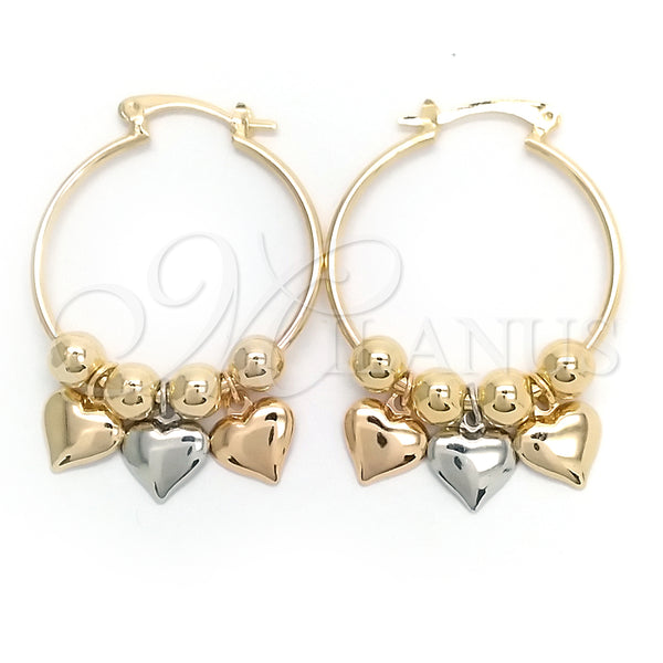 Gold Filled Hoop Earrings — Medium Hoop Heart Design Polished Tricolor 02.58. — main product view — SKU 148305 | Oro Laminado aretes de aro — Medium Hoop corazón diseño pulido Tricolor 02.58. — SKU 148305