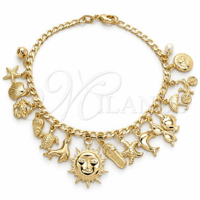 Oro Laminado Charm Bracelet, Gold Filled Style Sun and Bird Design, with Ivory Pearl, Polished, Golden Finish, 03.58.0068.07 (04 MM Thickness, 7 Inches Length)