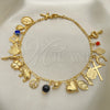 Oro Laminado Charm Anklet , Gold Filled Style Elephant and Heart Design, with Black Azavache, Polished, Golden Finish, 03.58.0069.10 (04 MM Thickness, 10 Inches Length)
