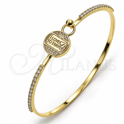 Oro Laminado Individual Bangle, Gold Filled Style Heart and Love Design, with White Micro Pave and White Crystal, Polished, Golden Finish, 07.193.0047.05 (02 MM Thickness, Size 5 (2.50 Diameter))