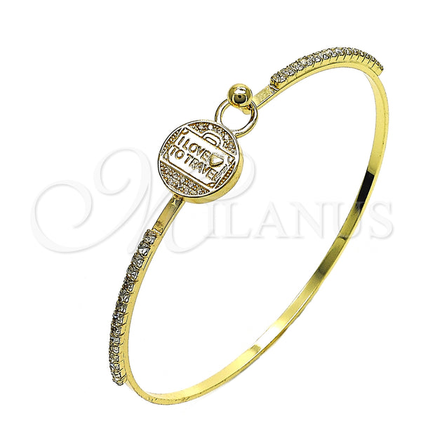 Oro Laminado Individual Bangle, Gold Filled Style Heart and Love Design, with White Micro Pave and White Crystal, Polished, Golden Finish, 07.193.0047.05 (02 MM Thickness, Size 5 (2.50 Diameter))