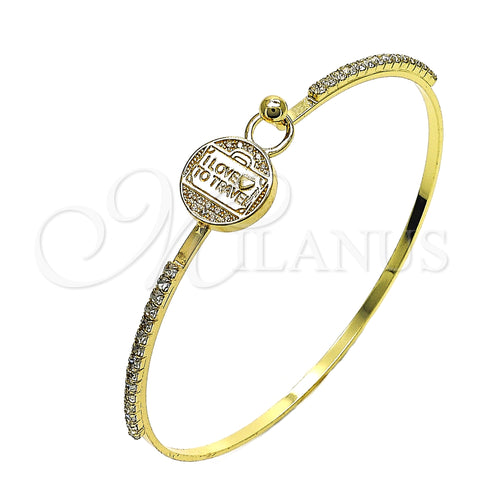 Oro Laminado Individual Bangle, Gold Filled Style Heart and Love Design, with White Micro Pave and White Crystal, Polished, Golden Finish, 07.193.0047.05 (02 MM Thickness, Size 5 (2.50 Diameter))