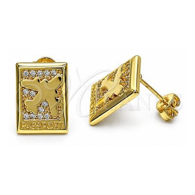 Oro Laminado Stud Earring, Gold Filled Style Airplane Design, with White Micro Pave, Polished, Golden Finish, 02.193.0011