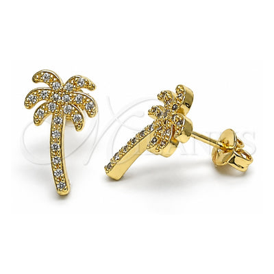 Oro Laminado Stud Earring, Gold Filled Style Palm Tree Design, with White Micro Pave, Polished, Golden Finish, 02.193.0012