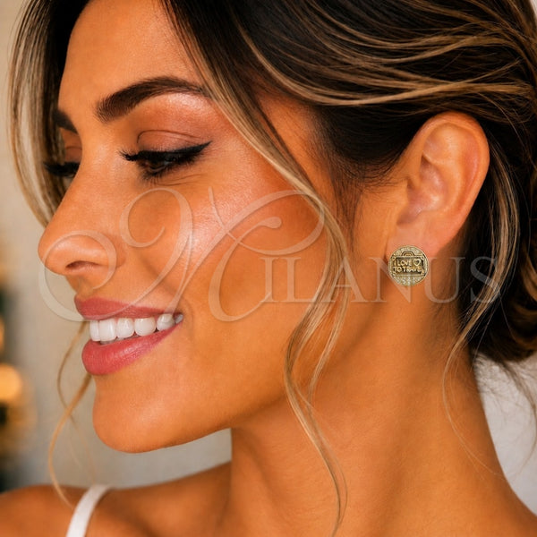 Oro Laminado Stud Earring, Gold Filled Style Heart and Love Design, with White Micro Pave, Polished, Golden Finish, 02.193.0013