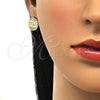 Oro Laminado Stud Earring, Gold Filled Style Heart and Love Design, with White Micro Pave, Polished, Golden Finish, 02.193.0013