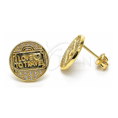 Oro Laminado Stud Earring, Gold Filled Style Heart and Love Design, with White Micro Pave, Polished, Golden Finish, 02.193.0013