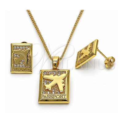 Oro Laminado Earring and Pendant Adult Set, Gold Filled Style Airplane Design, with White Micro Pave, Polished, Golden Finish, 10.193.0003