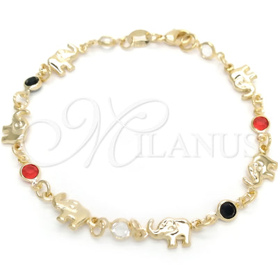 Oro Laminado Fancy Bracelet, Gold Filled Style Elephant Design, with Black and Garnet Cubic Zirconia, Polished for wholesale, main product view