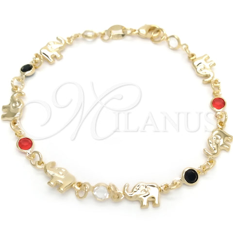 Oro Laminado Fancy Bracelet, Gold Filled Style Elephant Design, with Black and Garnet Cubic Zirconia, Polished, Golden Finish, 03.58.0071.07 (03 MM Thickness, 7 Inches Length)