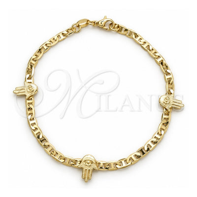 Oro Laminado Fancy Bracelet, Gold Filled Style Hand of God and Mariner Design, Polished, Golden Finish, 03.58.0074.07 (03 MM Thickness, 7 Inches Length)