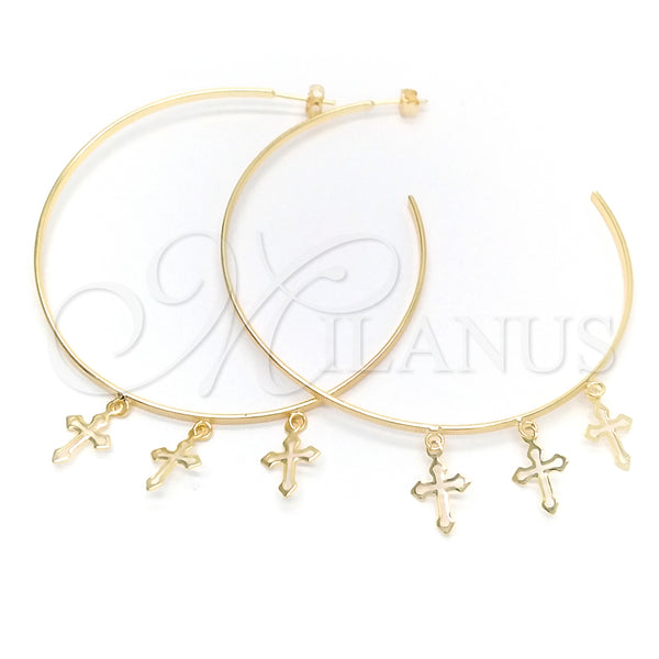 Oro Laminado Large Hoop, Gold Filled Style Cross Design, Polished, Golden Finish, 02.58.0073.70