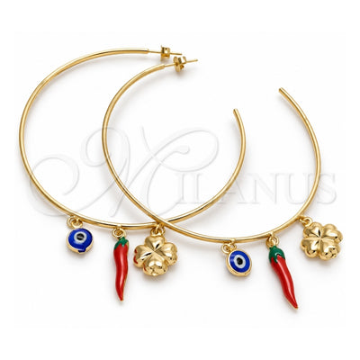 Oro Laminado Large Hoop, Gold Filled Style Chili and Evil Eye Design, Polished, Golden Finish, 02.58.0077.70