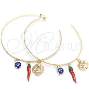 Gold Filled Hoop Earrings — Large Hoop Chili and Evil Eye Design Polished — main product view — SKU 148368 | Oro Laminado aretes de aro — Large Hoop Chili and Evil Eye diseño pulido — SKU 148368