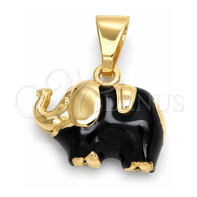 Oro Laminado Fancy Pendant, Gold Filled Style Elephant Design, Black Enamel Finish, Golden Finish, 05.58.0008