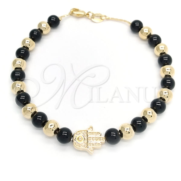 Oro Laminado Charm Bracelet, Gold Filled Style Ball and Hand of God Design, with Black Azavache, Polished, Golden Finish, 03.32.0568.07 (06 MM Thickness, 7 Inches Length)