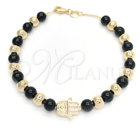 Oro Laminado Charm Bracelet, Gold Filled Style Ball and Hand of God Design, with Black Azavache, Polished, Golden Finish, 03.32.0568.07 (06 MM Thickness, 7 Inches Length)