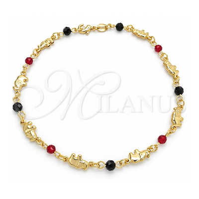 Oro Laminado Fancy Anklet, Gold Filled Style Elephant and Ball Design, with Garnet Crystal and Black Azavache, Polished, Golden Finish, 03.32.0571.10 (03 MM Thickness, 10 Inches Length)