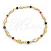 Oro Laminado Fancy Anklet, Gold Filled Style Elephant and Ball Design, with Garnet Crystal and Black Azavache, Polished, Golden Finish, 03.32.0571.10 (03 MM Thickness, 10 Inches Length)