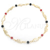 Oro Laminado Fancy Anklet, Gold Filled Style Elephant and Ball Design, with Garnet Crystal and Black Azavache, Polished, Golden Finish, 03.32.0571.10 (03 MM Thickness, 10 Inches Length)