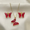 Oro Laminado Earring and Pendant Adult Set, Gold Filled Style Butterfly Design, with Garnet Cubic Zirconia and White Micro Pave, Polished, Golden Finish, 10.284.0024