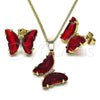 Oro Laminado Earring and Pendant Adult Set, Gold Filled Style Butterfly Design, with Garnet Cubic Zirconia and White Micro Pave, Polished, Golden Finish, 10.284.0024