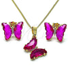 Oro Laminado Earring and Pendant Adult Set, Gold Filled Style Butterfly Design, with Ruby Cubic Zirconia and White Micro Pave, Polished, Golden Finish, 10.284.0024.1