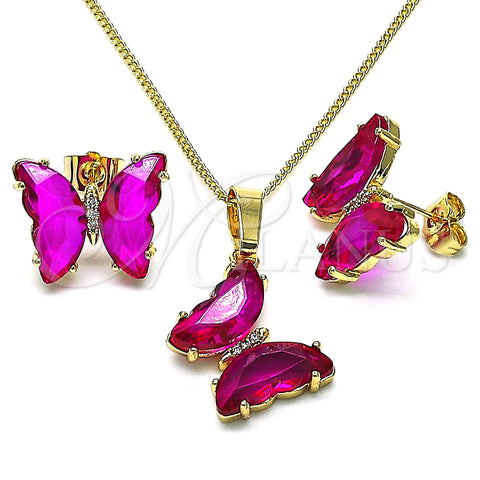 Oro Laminado Earring and Pendant Adult Set, Gold Filled Style Butterfly Design, with Ruby Cubic Zirconia and White Micro Pave, Polished, Golden Finish, 10.284.0024.1