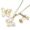 Oro Laminado Earring and Pendant Adult Set, Gold Filled Style Butterfly Design, with Aurore Boreale Cubic Zirconia and White Micro Pave, Polished, Golden Finish, 10.284.0024.2