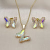 Oro Laminado Earring and Pendant Adult Set, Gold Filled Style Butterfly Design, with Aurore Boreale Cubic Zirconia and White Micro Pave, Polished, Golden Finish, 10.284.0024.2