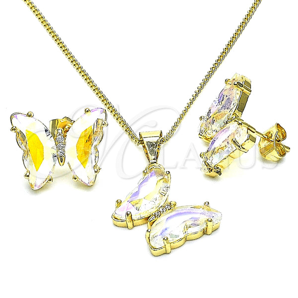 Oro Laminado Earring and Pendant Adult Set, Gold Filled Style Butterfly Design, with Aurore Boreale Cubic Zirconia and White Micro Pave, Polished, Golden Finish, 10.284.0024.2