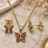 Oro Laminado Earring and Pendant Adult Set, Gold Filled Style Butterfly Design, with Garnet Micro Pave, Polished, Golden Finish, 10.284.0025.1