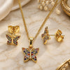 Oro Laminado Earring and Pendant Adult Set, Gold Filled Style Butterfly Design, with Multicolor Micro Pave, Polished, Golden Finish, 10.284.0025.2