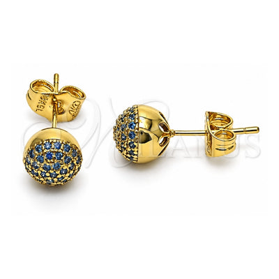 Oro Laminado Stud Earring, Gold Filled Style Ball Design, with Aqua Blue Micro Pave, Polished, Golden Finish, 02.156.0424.5