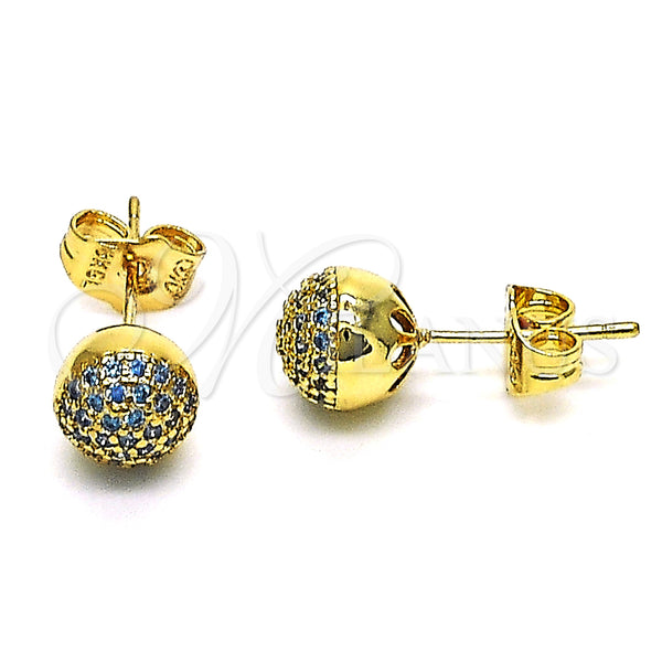 Oro Laminado Stud Earring, Gold Filled Style Ball Design, with Aqua Blue Micro Pave, Polished, Golden Finish, 02.156.0424.5