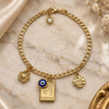 Oro Laminado Charm Bracelet, Gold Filled Style Airplane and Miami Cuban Design, Polished, Golden Finish, 03.58.0078.07 (03 MM Thickness, 7 Inches Length)