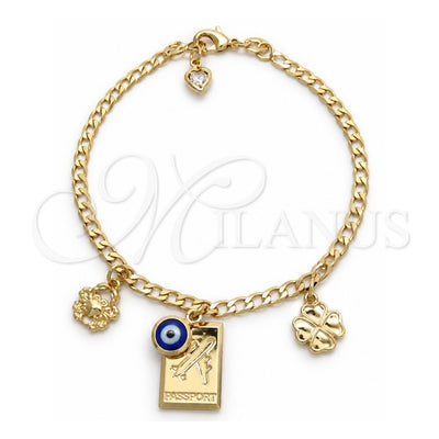 Oro Laminado Charm Bracelet, Gold Filled Style Airplane and Miami Cuban Design, Polished, Golden Finish, 03.58.0078.07 (03 MM Thickness, 7 Inches Length)