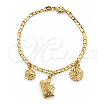 Oro Laminado Charm Bracelet, Gold Filled Style Miami Cuban and Four-leaf Clover Design, Polished, Golden Finish, 03.58.0079.07 (0.80 Gauge, 03 MM Thickness, 7 Inches Length)