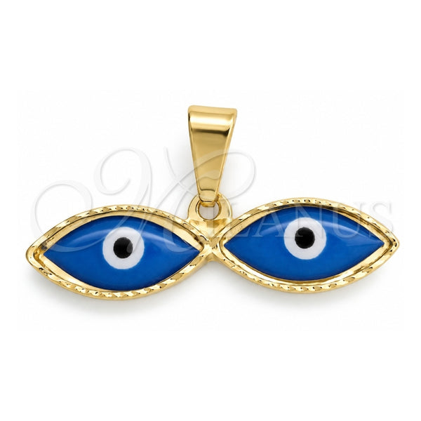 Oro Laminado Religious Pendant, Gold Filled Style Evil Eye Design, Blue Enamel Finish, Golden Finish, 05.32.0087