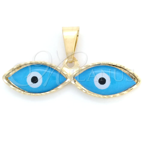 Oro Laminado Fancy Pendant, Gold Filled Style Evil Eye Design, Azul claro Enamel Finish, Golden Finish, 05.32.0087.2