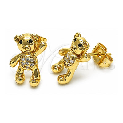 Oro Laminado Stud Earring, Gold Filled Style Teddy Bear Design, with White and Black Micro Pave, Polished, Golden Finish, 02.342.0196