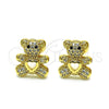 Oro Laminado Stud Earring, Gold Filled Style Teddy Bear and Heart Design, with White and Black Micro Pave, Polished, Golden Finish, 02.342.0197