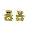 Oro Laminado Stud Earring, Gold Filled Style Teddy Bear and Heart Design, with White and Black Micro Pave, Polished, Golden Finish, 02.342.0197