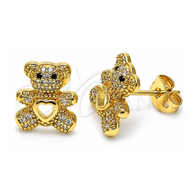 Oro Laminado Stud Earring, Gold Filled Style Teddy Bear and Heart Design, with White and Black Micro Pave, Polished, Golden Finish, 02.342.0197