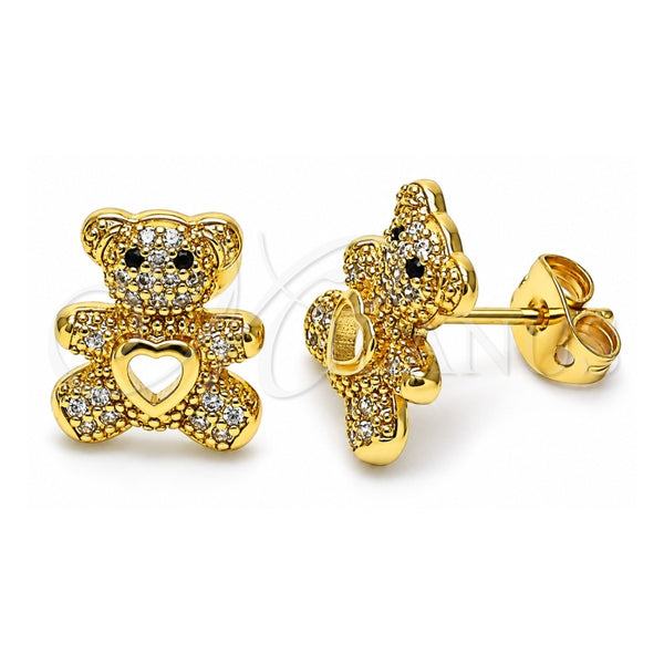 Oro Laminado Stud Earring, Gold Filled Style Teddy Bear and Heart Design, with White and Black Micro Pave, Polished, Golden Finish, 02.342.0197