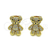Oro Laminado Stud Earring, Gold Filled Style Teddy Bear Design, with White and Black Micro Pave, Polished, Golden Finish, 02.342.0198