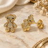 Oro Laminado Stud Earring, Gold Filled Style Teddy Bear Design, with White and Black Micro Pave, Polished, Golden Finish, 02.342.0198
