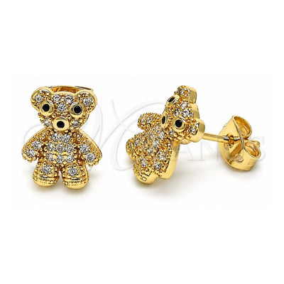 Oro Laminado Stud Earring, Gold Filled Style Teddy Bear Design, with White and Black Micro Pave, Polished, Golden Finish, 02.342.0198